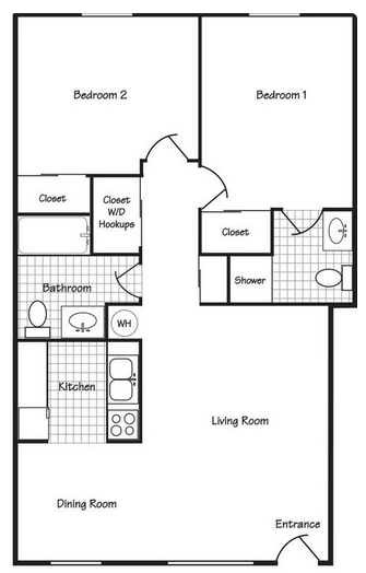 Floor plan for 2 beds, 2 baths, 876 sqft
